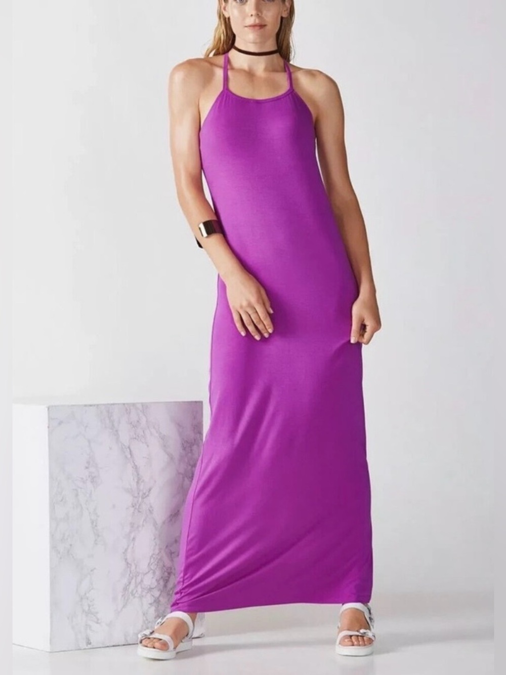 Fabletics Womens Size Medium Neema Jersey Knit Maxi Dress Racerback Fuchsia